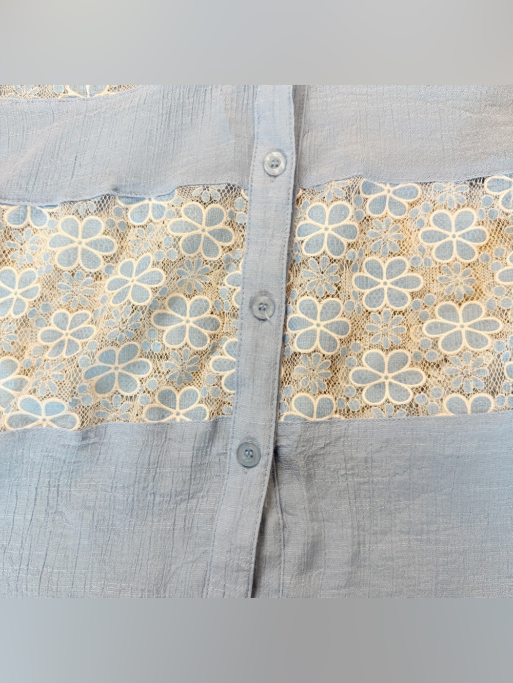 Light Blue Button-Down Women's Shirt with Floral Lace Insets - Picture 2 of 7